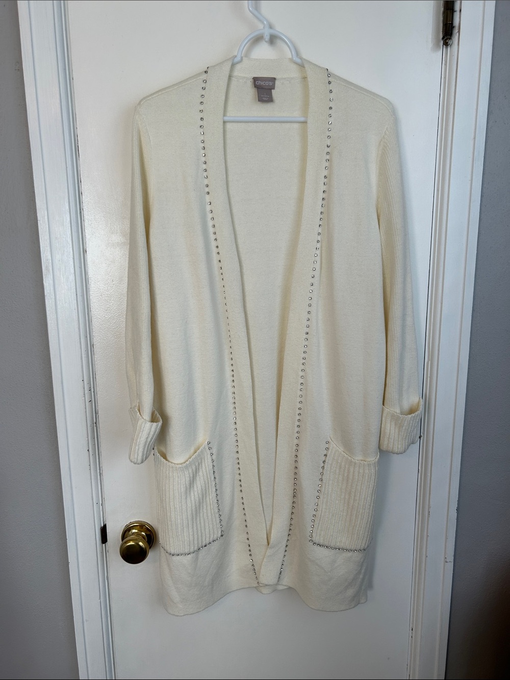 Chico's Ivory Open-Front Cardigan with Stud Trim